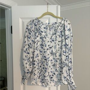 Lucky Brand White and Blue Ruffled Wrap Blouse